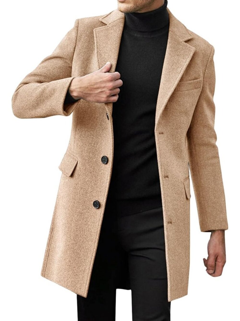 Men's Casual Single Breasted Trench Coat | Long Pea Coat with Notch Lapel